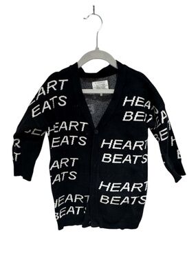HUX black & white “heart beats” all over print long knit cardigan - size 3